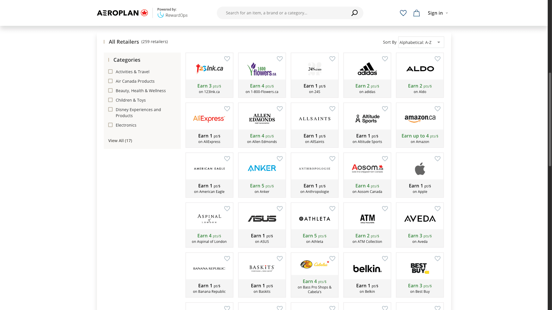Aeroplan eStore — Retailers Listing