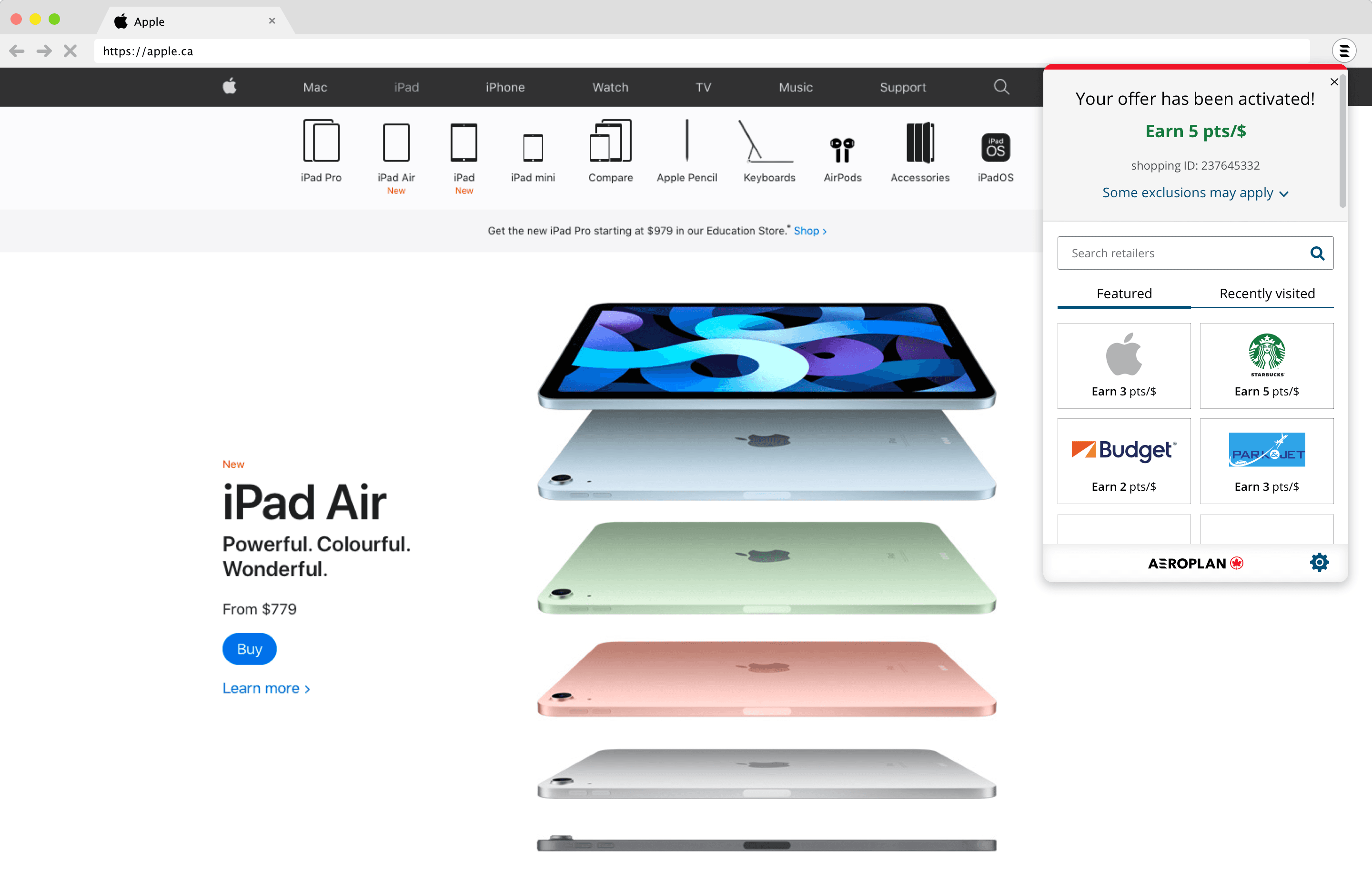 Aeroplan Shopping Button - Offer Activated