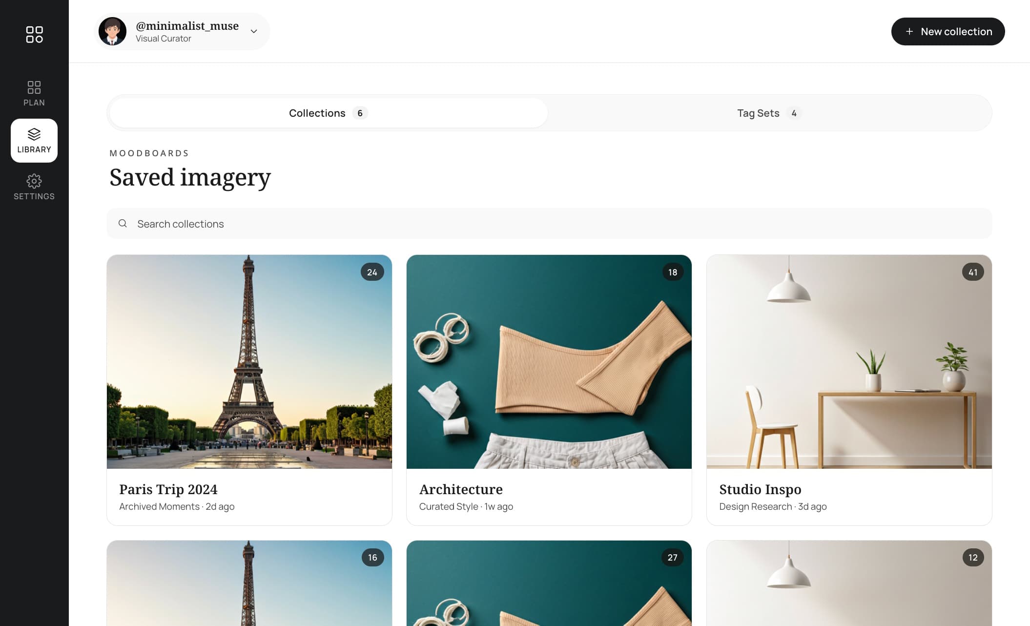 Gridflow Library — saved-imagery moodboard collections and tag sets