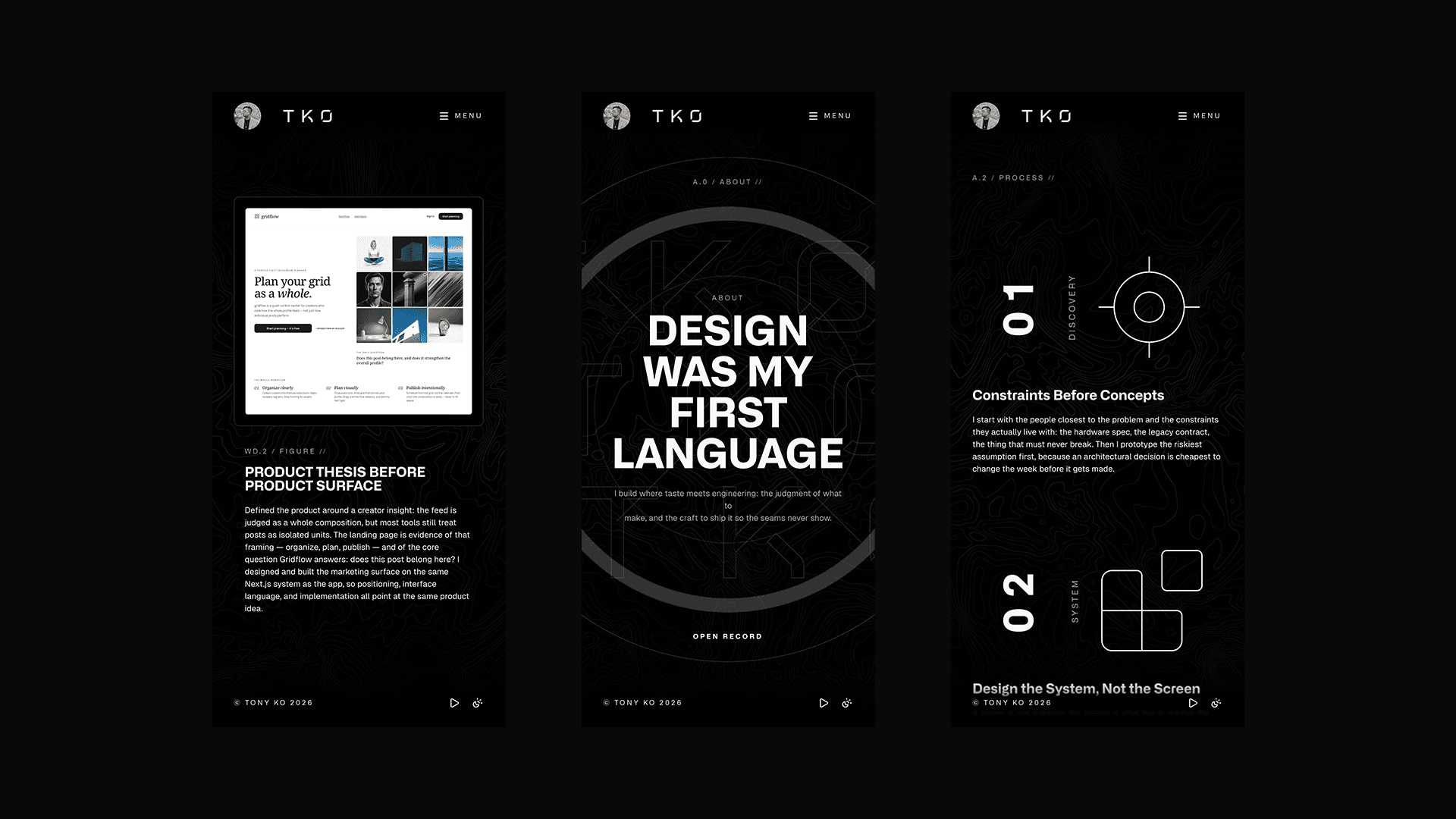 tko.dev — Mobile: work detail, about, and process
